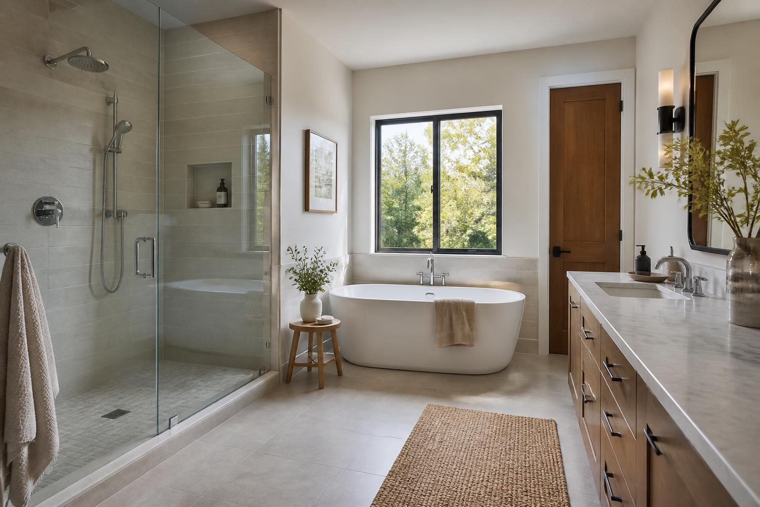 Bright modern bathroom with polished chrome fixtures and natural light.