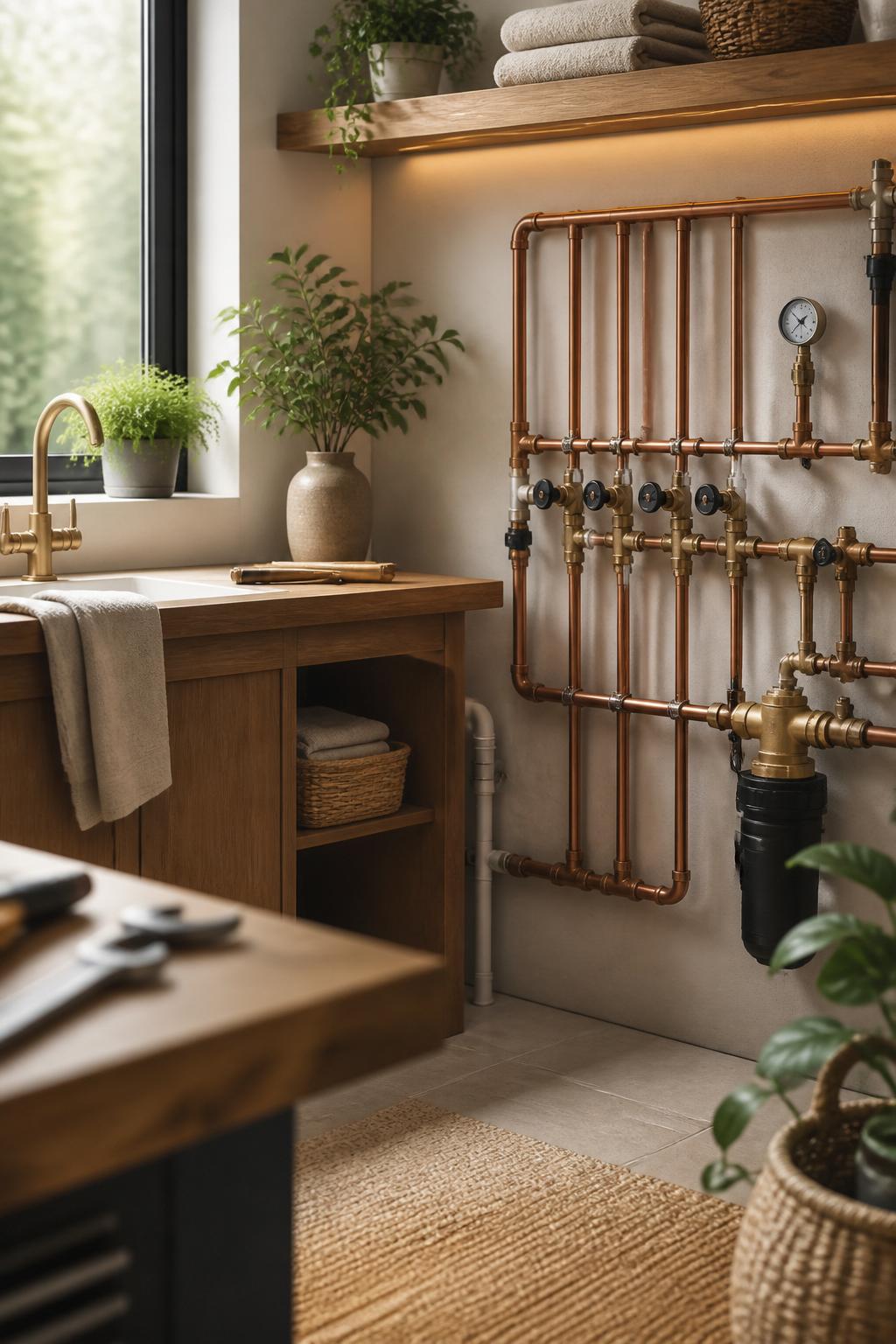 Clean plumbing workspace with organized fixtures and soft natural light.